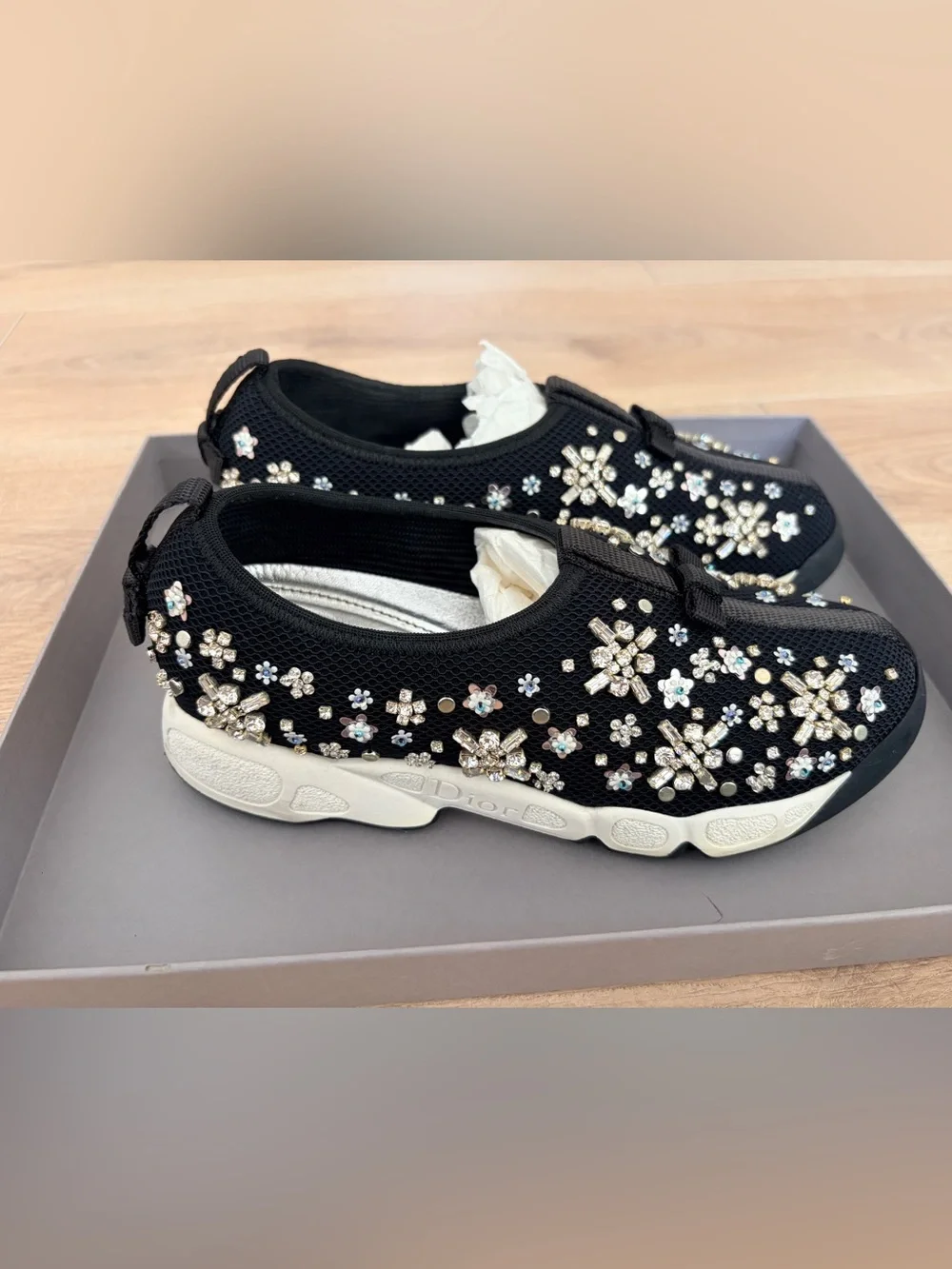 Dior Black Slip-On Sneakers with Crystal Floral Appliqués